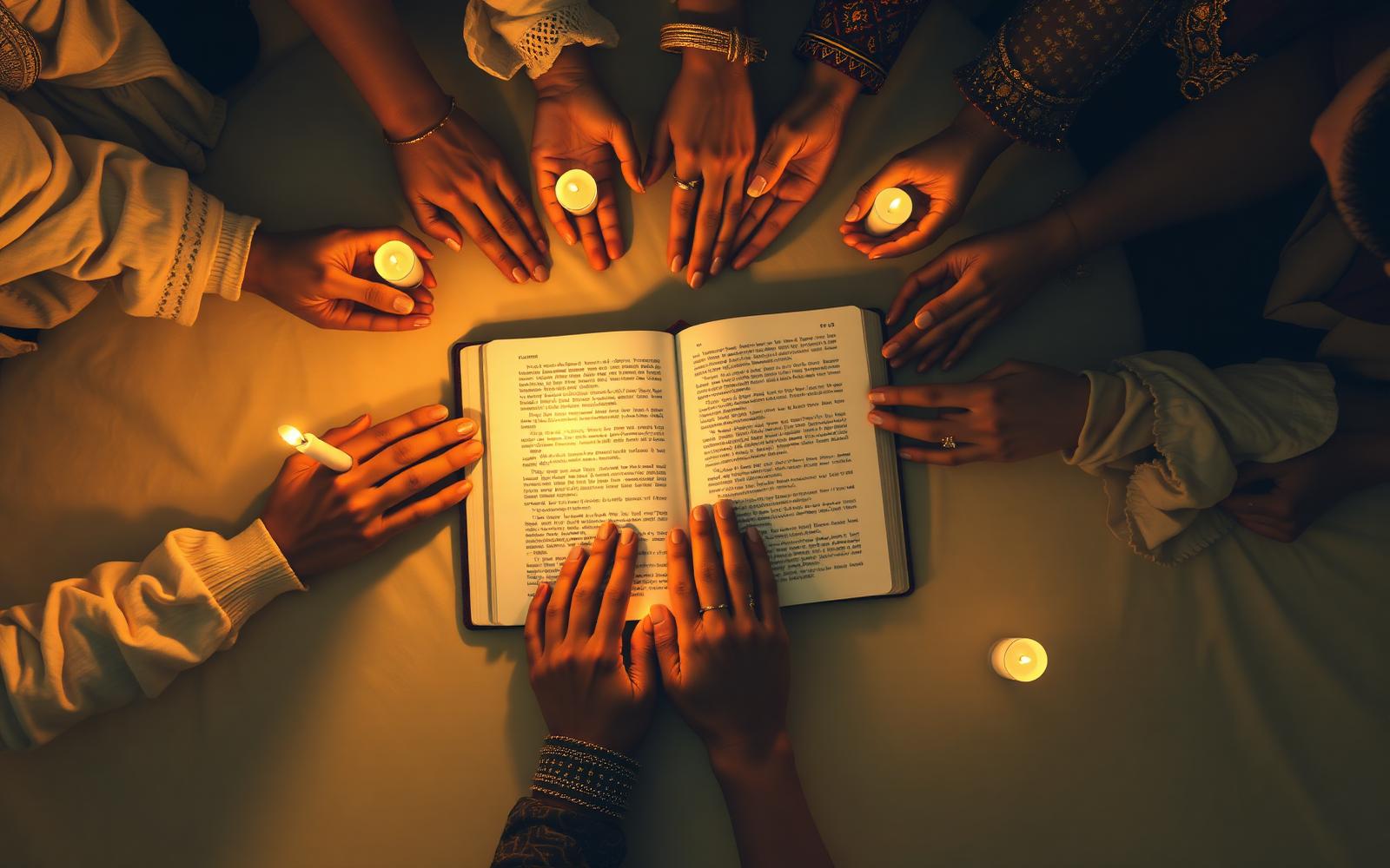 Hands gathered around a candlelit book